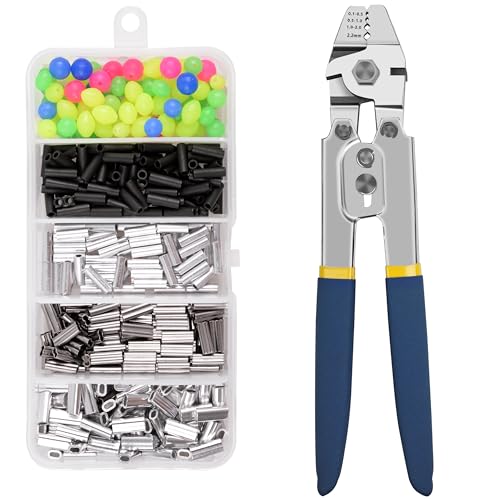 AGOOL Angeln Crimpzange + 500pcs Crimp Hülsen Set, Heavy Duty Drahtseil Crimper Zange Eingebaute Drahtschneider, 4 Größen Crimp Hülsen Angeln Tackle Zange von AGOOL