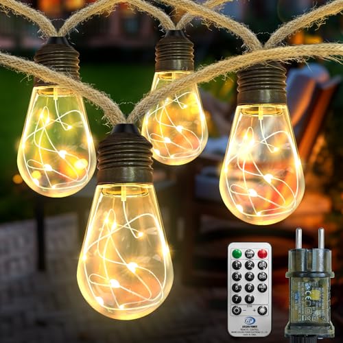 AGOTD LED Lichterkette Außen und Innen, 6M Vintage Lichterkette Strom mit Hanfseil, 20 LED Glühbirnen Lichterketten 8 Modi Deko für Gärten Party Balkon Hochzeit Zimmer Café Deko (Warmweiß) von AGOTD