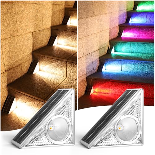 AGOTD Solarlampen für außen, Solar Treppenbeleuchtung außen, Solar Treppenleuchten für außen 3 weiße &6 RGB-Farben, IP65 Wasserdichte Solar Bodenleuchten Gartenlampen für Gehweg Treppe Weg, 2 Stück von AGOTD