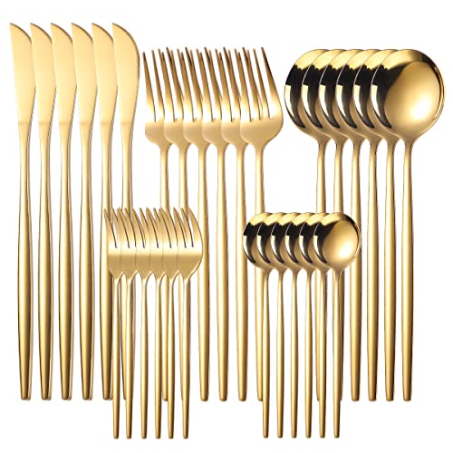 AGOUNOD Besteck-Set, 30-teiliges Geschirr-Set aus Edelstahl, Steakmesser, Gabel, Kaffeelöffel, Teelöffel, Besteck, spülmaschinenfest, Küchengeschirr-Set for 6 Personen (Color : Gold) von AGOUNOD