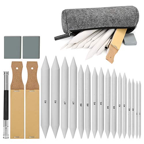 AGPTEK 22 pcs Mischen Papierwischer Set, 16 Blending Stumps Set/Tortillionen Set/Estompen Set mit 2 Schleifpapier-Schärfpads, 1 Stift-Verlängerungswerkzeug, 2 Knetgummi Radiergummis & 1 Filztasche von AGPTEK