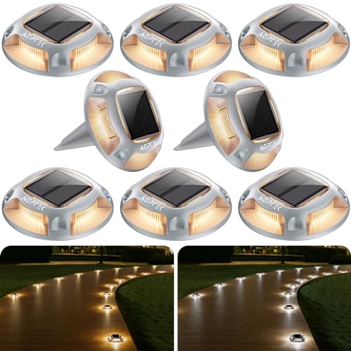 AGPTEK Solar Bodenleuchte, 2 Farbmodi, Solar Deck Leuchten Outdoor, Dock Lichter, IP68 wasserdichte Warnschrittlichter für Gartenweg, Fußwegen, Rasen, 8 Stücke, Warm und Weiß, mit Erdspieß von AGPTEK