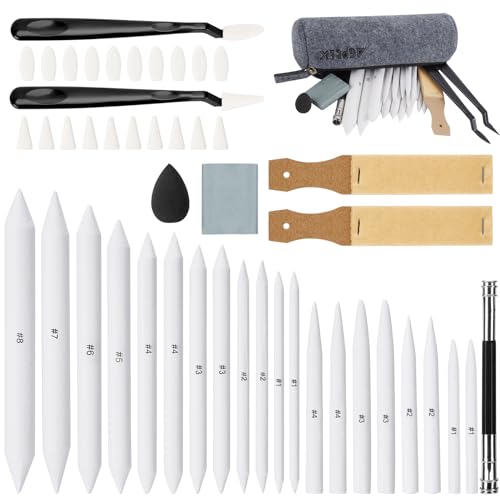 AGPTEK 48 PCS Sketch Drawing Tools, 20 Blending Stümpfe Set mit 2 Sandpapier Bleistiftspitzer, Bleistiftverlängerung, Radiergummis, 20 Schwamm Ersatz Köpfe & 1 Filz Tasche für Skizze Zeichnung Zubehör von AGPTEK