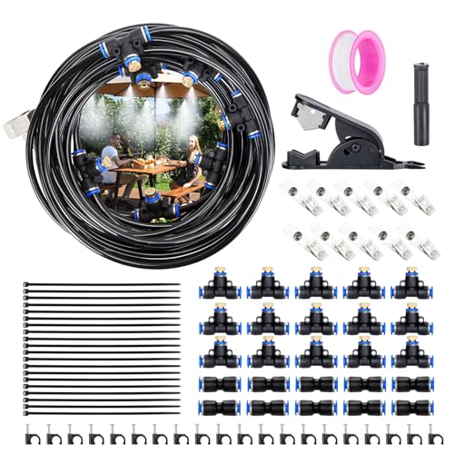 AGPtEK Kühlsystem, Nebel-Kühlsystem 12m Nebelleitung mit 15 T-Stück-Nebeldüsen, 20 Kabelbinder und ein 3/4-Zoll-Messing-Adapter, Outdoor-Nebel-Kühlsystem für Terrasse, Garten, Rasen, Gewächshaus von AGPTEK