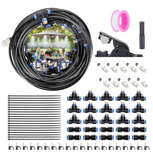 AGPtEK Kühlsystem, Nebel-Kühlsystem 15m Nebelleitung mit 15 T-Stück-Nebeldüsen, 20 Kabelbinder und ein 3/4-Zoll-Messing-Adapter, Outdoor-Nebel-Kühlsystem für Terrasse, Garten, Rasen, Gewächshaus von AGPTEK