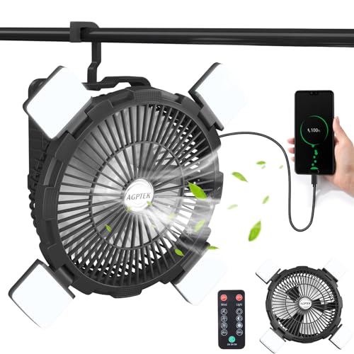 Wiederaufladbarer Outdoor Camping Ventilator - 8000mAh batteriebetriebener Zelt Ventilator mit LED Licht und Haken, tragbar für Picknicks, Grillen, Angeln, Reisen, Bau von AGPTEK