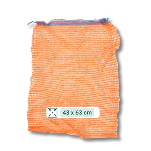 AGRI plus 100 Stück Gemüsesäcke orange mit Zugband I 43 x 63 cm I verschiedene Größen I Grobmaschige Raschelsäcke mit 10 kg Volumen I Aufbewahrungssäcke für Zwiebeln, Möhren/Karotten & Obst von AGRI plus