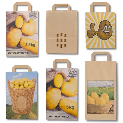 AGRI plus 250 Stück Kartoffeltragetaschen | verschiedene Größen, Motive und Sichtfenster 90 g/m² | Papiertasche Tragetaschen Kartoffeln 1,5-5,0 kg Fassungsvermögen (1,5 kg - Happy Potato) von AGRI plus