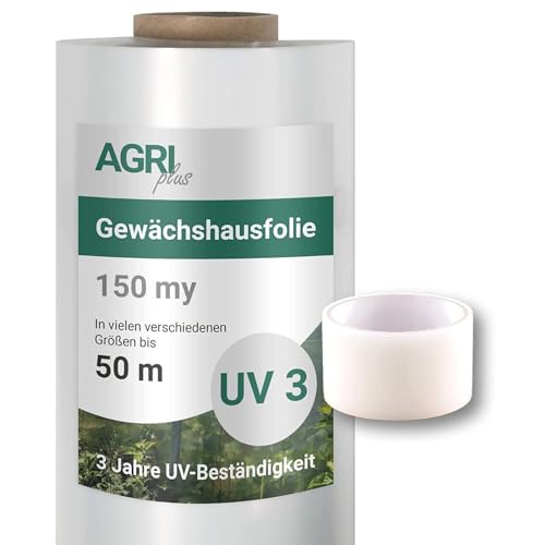 AGRI plus Gewächshausfolie mit Reparaturband I 1,5 x 15 m I Verschiedene Größen I 0,150 mm Stärke I Reißfeste Gartenfolie für Abdeckungen I Schutzplane wetterfest & 3 Jahre UV-beständig von AGRI plus