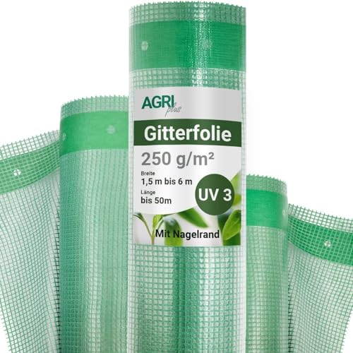 AGRI plus Gitterfolie 1,5 x 5 m I Stabile 250 g/m² Gewebeplane mit Nagelrand I Transparente & reißfeste Gartenfolie für langfristige Abdeckungen I Wetterfest & 3 Jahre UV-beständig von AGRI plus