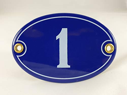 Emaille Hausnummer Schild Nr. 1, oval, Blau-Weiß "Handarbeit" von AGS
