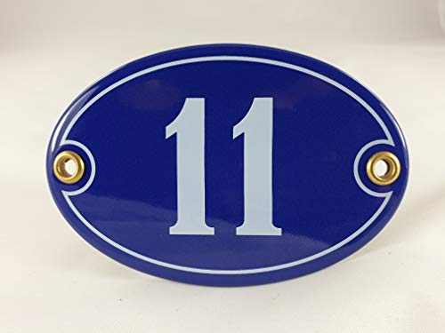 Emaille Hausnummer Schild Nr. 11, oval, Blau-Weiß "Handarbeit" von AGS