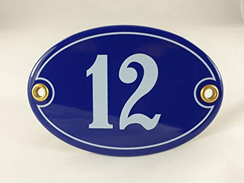 Emaille Hausnummer Schild Nr. 12, oval, Blau-Weiß "Handarbeit" von AGS