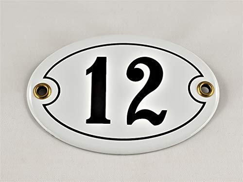 Emaille Hausnummer Schild Nr. 12, oval, Weiß-Schwarz mit Schrauben und Dübel "Handarbeit" von Buosha
