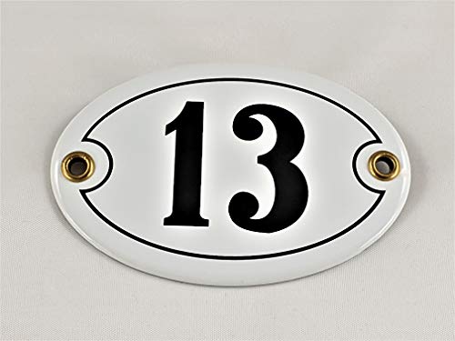 Emaille Hausnummer Schild Nr. 13, oval, Weiß-Schwarz mit Schrauben und Dübel "Handarbeit" von AGS