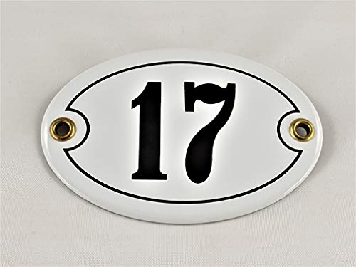 Emaille Hausnummer Schild Nr. 17, oval, Weiß-Schwarz mit Schrauben und Dübel "Handarbeit" von AGS