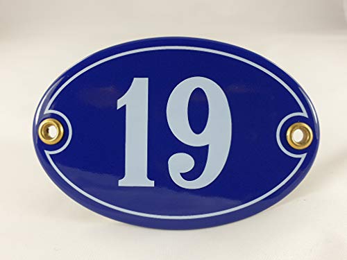 Emaille Hausnummer Schild Nr. 19, oval, Blau-Weiß mit Schrauben und Dübel "Handarbeit" von AGS