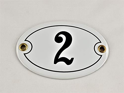Emaille Hausnummer Schild Nr. 2, oval, Weiß-Schwarz "Handarbeit" von AGS