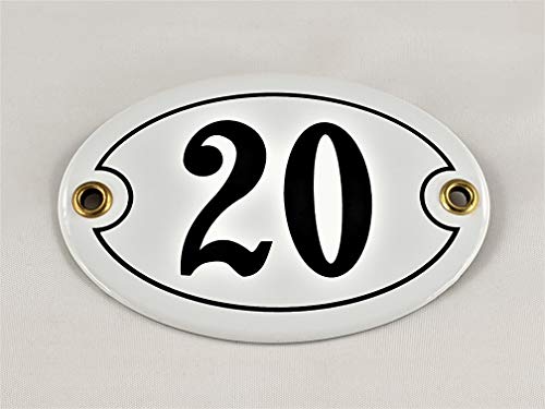 Emaille Hausnummer Schild Nr. 20, oval, Weiß-Schwarz "Handarbeit" von AGS