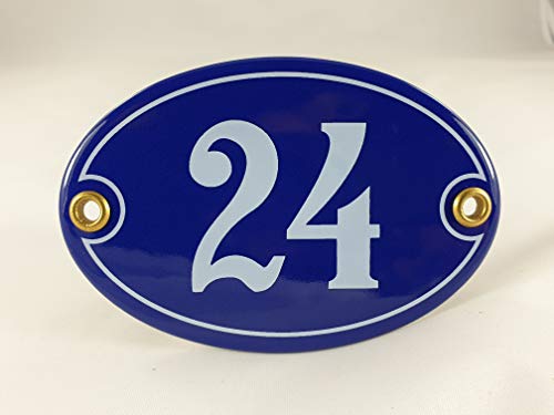 Emaille Hausnummer Schild Nr. 24, oval, Blau-Weiß mit Schrauben und Dübel "Handarbeit" von AGS
