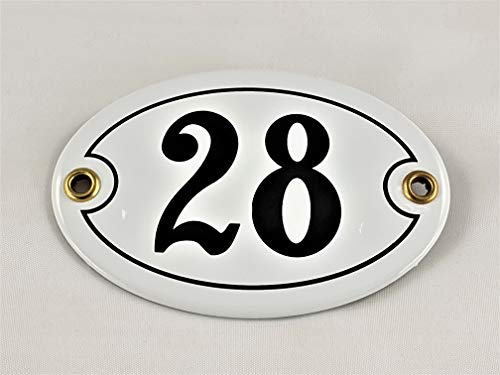 Emaille Hausnummer Schild Nr. 28, oval, Weiß-Schwarz mit Schrauben und Dübel "Handarbeit" von AGS