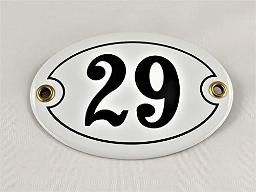 Emaille Hausnummer Schild Nr. 29, oval, Weiß-Schwarz "Handarbeit" von AGS