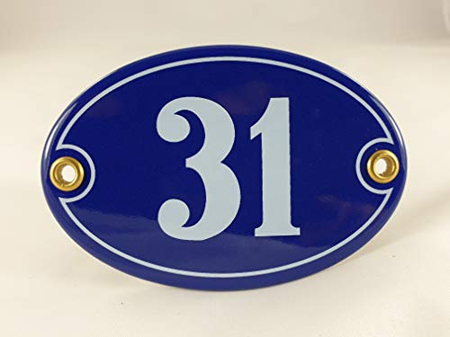 Emaille Hausnummer Schild Nr. 31, oval, Blau-Weiß mit Schrauben und Dübel "Handarbeit" Emaille Hausnummer Schild Nr. 31, oval, Blau-Weiß mit Schrauben und Dübel "Handarbeit" von AGS