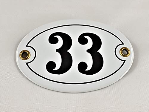 Emaille Hausnummer Schild Nr. 33, oval, Weiß-Schwarz mit Schrauben und Dübel "Handarbeit" von AGS