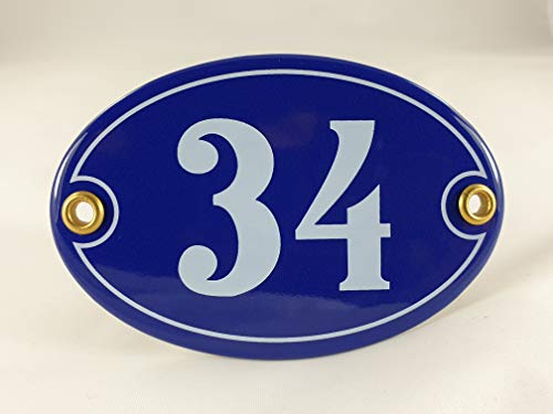 Emaille Hausnummer Schild Nr. 34, oval, Blau-Weiß "Handarbeit" Emaille Hausnummer Schild Nr. 34, oval, Blau-Weiß "Handarbeit" von AGS