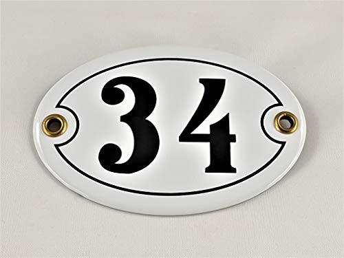 Emaille Hausnummer Schild Nr. 34, oval, Weiß-Schwarz "Handarbeit" von AGS