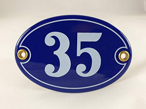 Emaille Hausnummer Schild Nr. 35, oval, Blau-Weiß "Handarbeit" von AGS