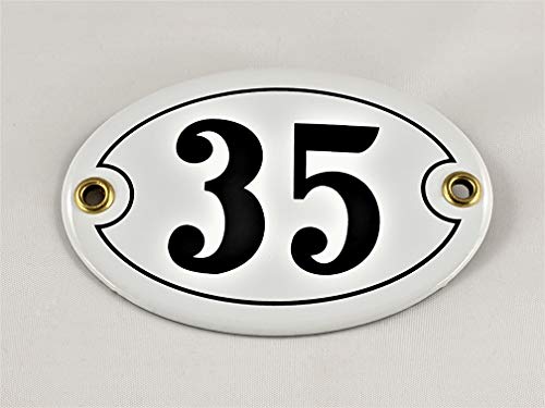Emaille Hausnummer Schild Nr. 35, oval, Weiß-Schwarz mit Schrauben und Dübel "Handarbeit" von AGS