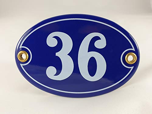 Emaille Hausnummer Schild Nr. 36, oval, Blau-Weiß mit Schrauben und Dübel "Handarbeit" Emaille Hausnummer Schild Nr. 36, oval, Blau-Weiß mit Schrauben und Dübel "Handarbeit" von AGS