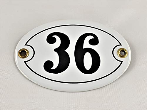 Emaille Hausnummer Schild Nr. 36, oval, Weiß-Schwarz "Handarbeit" von AGS