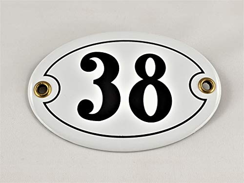 Emaille Hausnummer Schild Nr. 38, oval, Weiß-Schwarz "Handarbeit" von AGS