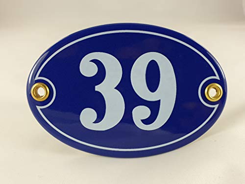 Emaille Hausnummer Schild Nr. 39, oval, Blau-Weiß mit Schrauben und Dübel "Handarbeit" von AGS