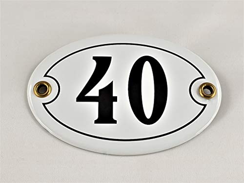 Emaille Hausnummer Schild Nr. 40, oval, Weiß-Schwarz mit Schrauben und Dübel "Handarbeit" von AGS