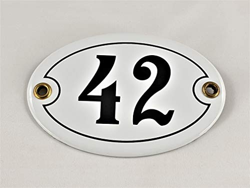 Emaille Hausnummer Schild Nr. 42, oval, Weiß-Schwarz mit Schrauben und Dübel "Handarbeit" von AGS