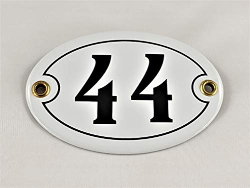 Emaille Hausnummer Schild Nr. 44, oval, Weiß-Schwarz "Handarbeit" von AGS
