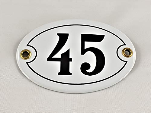 Emaille Hausnummer Schild Nr. 45, oval, Weiß-Schwarz mit Schrauben und Dübel "Handarbeit" von AGS