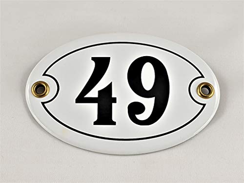 Emaille Hausnummer Schild Nr. 49, oval, Weiß-Schwarz mit Schrauben und Dübel "Handarbeit" von AGS