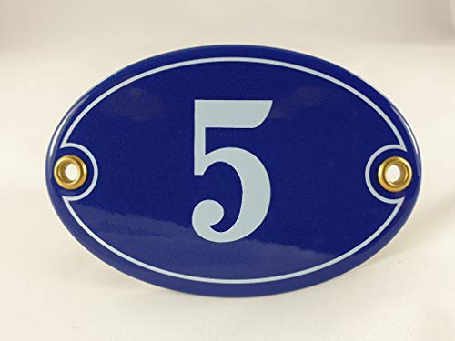 Emaille Hausnummer Schild Nr. 5, oval, Blau-Weiß mit Schrauben und Dübel "Handarbeit" von AGS