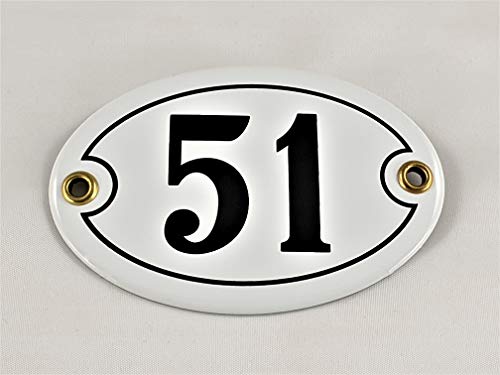 Emaille Hausnummer Schild Nr. 51, oval, Weiß-Schwarz "Handarbeit" von AGS