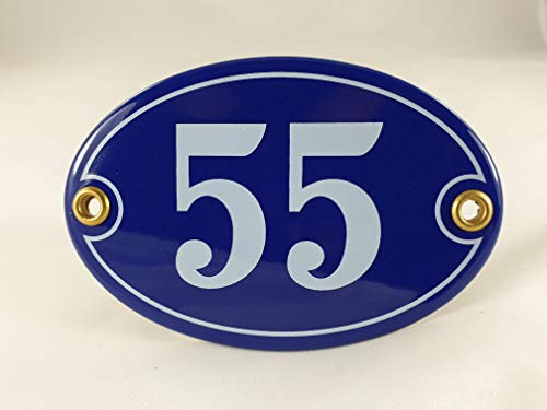 Emaille Hausnummer Schild Nr. 55, oval, Blau-Weiß "Handarbeit" von AGS