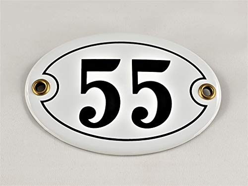 Emaille Hausnummer Schild Nr. 55, oval, Weiß-Schwarz "Handarbeit" von AGS
