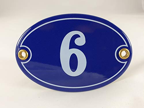 Emaille Hausnummer Schild Nr. 6, oval, Blau-Weiß "Handarbeit" von AGS