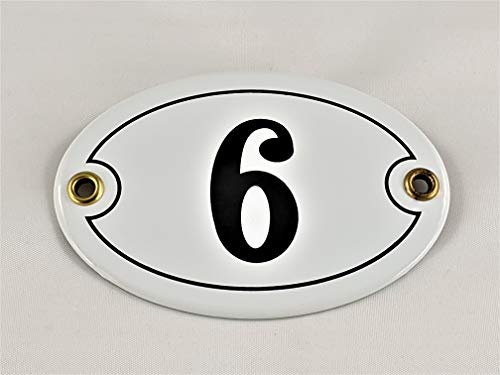 Emaille Hausnummer Schild Nr. 6, oval, Weiß-Schwarz "Handarbeit" von DK WDDO