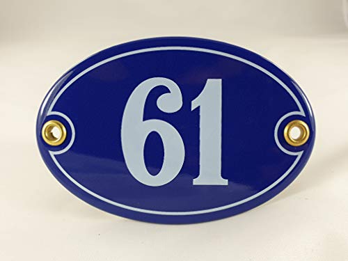 Emaille Hausnummer Schild Nr. 61, oval, Blau-Weiß "Handarbeit" Emaille Hausnummer Schild Nr. 61, oval, Blau-Weiß "Handarbeit" von AGS