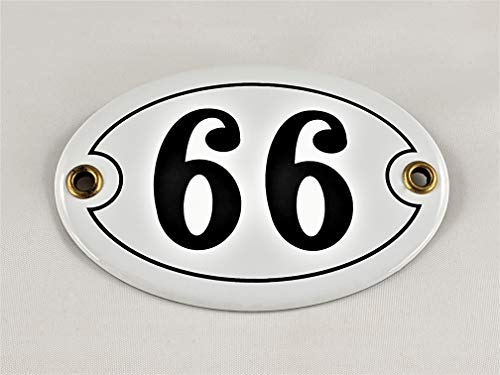 Emaille Hausnummer Schild Nr. 66, oval, Weiß-Schwarz "Handarbeit" von AGS