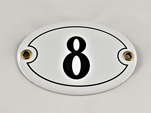 Emaille Hausnummer Schild Nr. 8, oval, Weiß-Schwarz "Handarbeit" von AGS